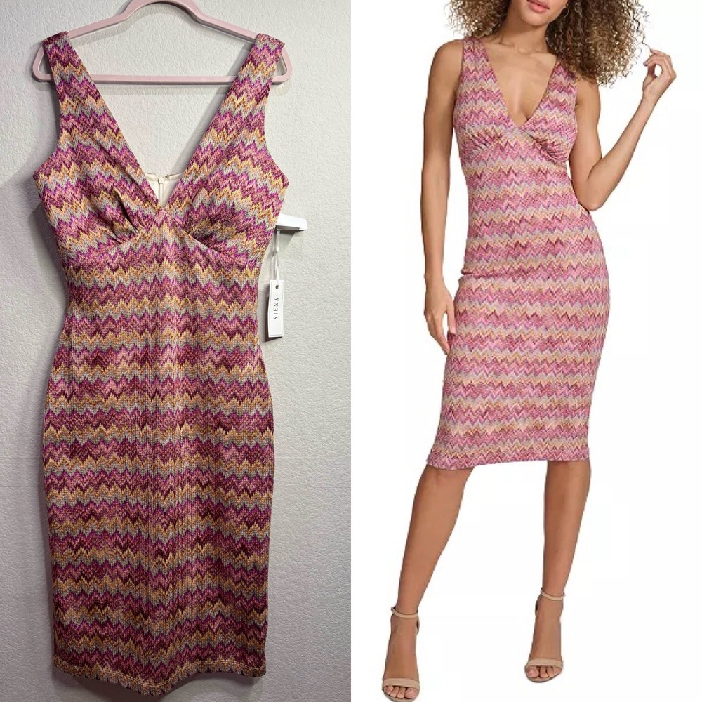 SIENA Bodycon‎ Midi Dress 14 XL Pink Colorful Chevron Sleeveless V-Neck Stretch